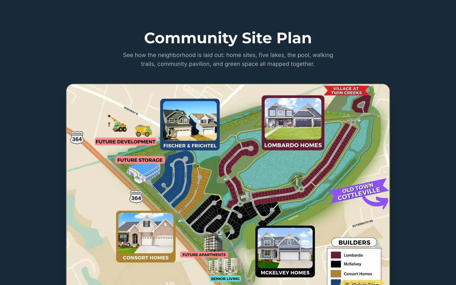 Illustrated community site plan on cottlevilletrails.com showing builders, lakes and trails