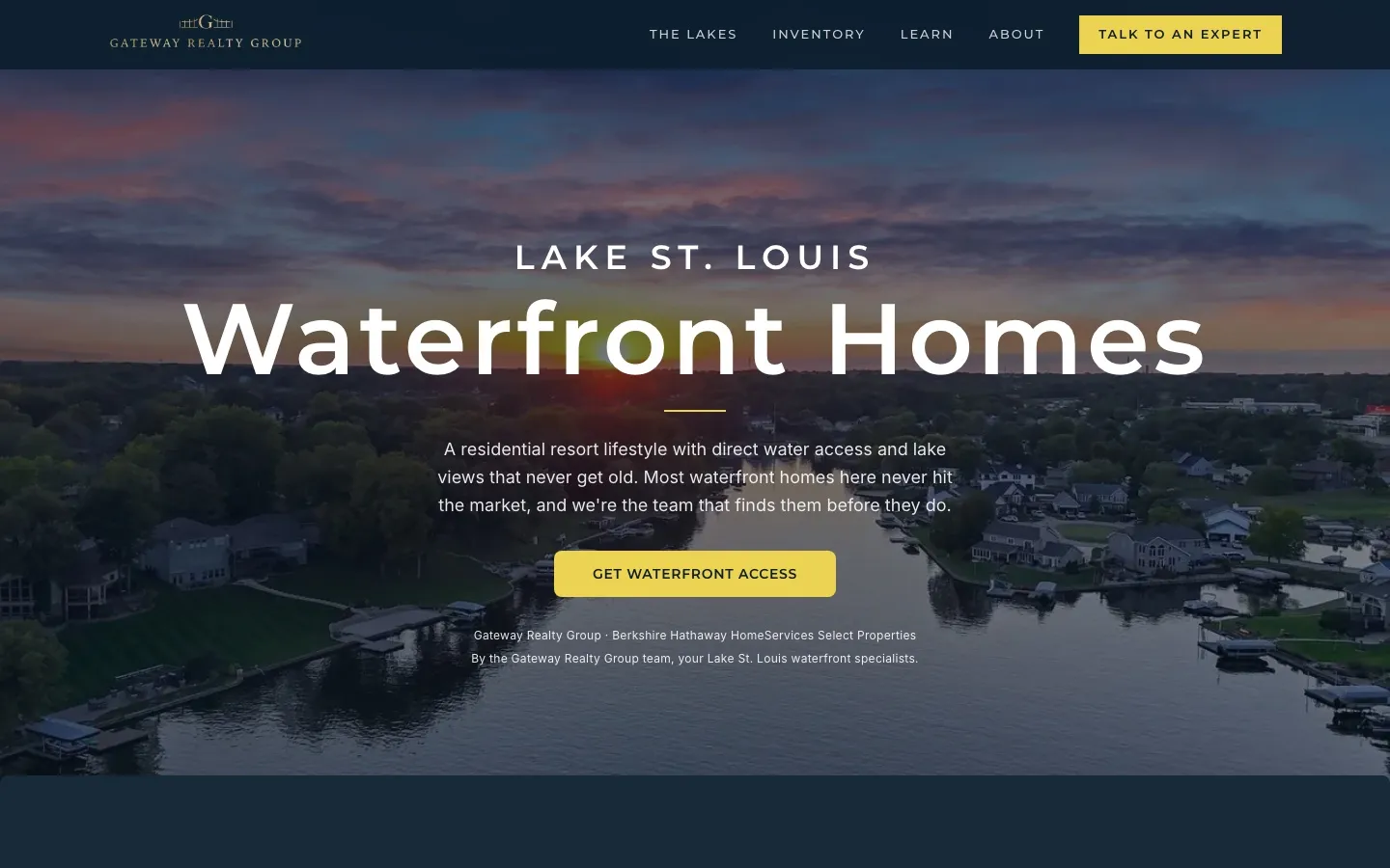 lakestlouiswaterfronthomes.com homepage, an aerial of Lake St. Louis at sunset with the headline Waterfront Homes