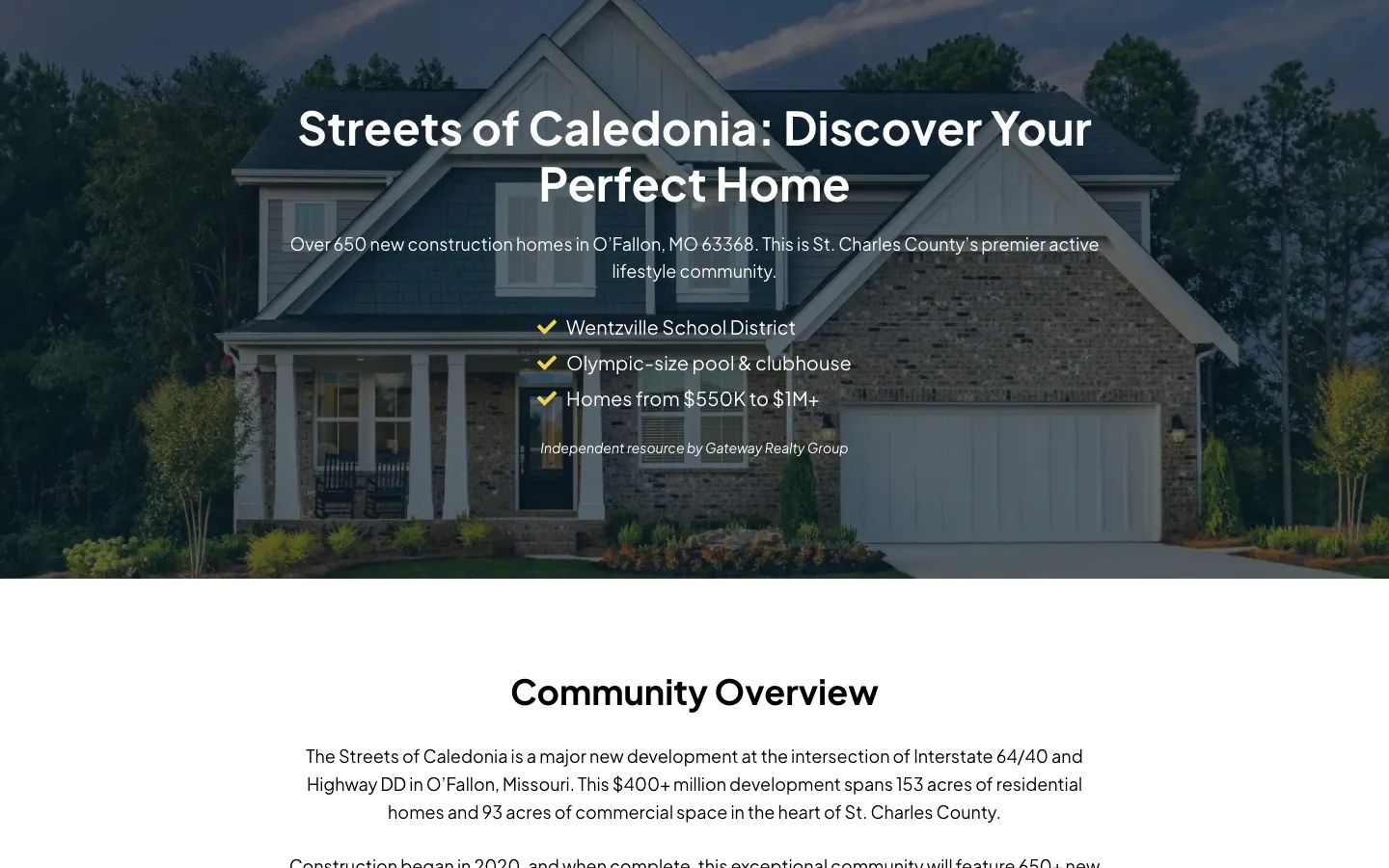 streetsofcaledonia.com homepage, a new home exterior with the headline Streets of Caledonia