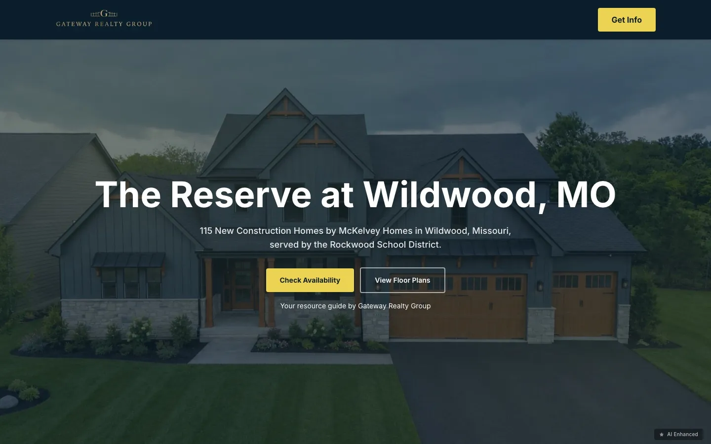 thereservewildwoodmo.com homepage, a modern farmhouse with the headline The Reserve at Wildwood, MO